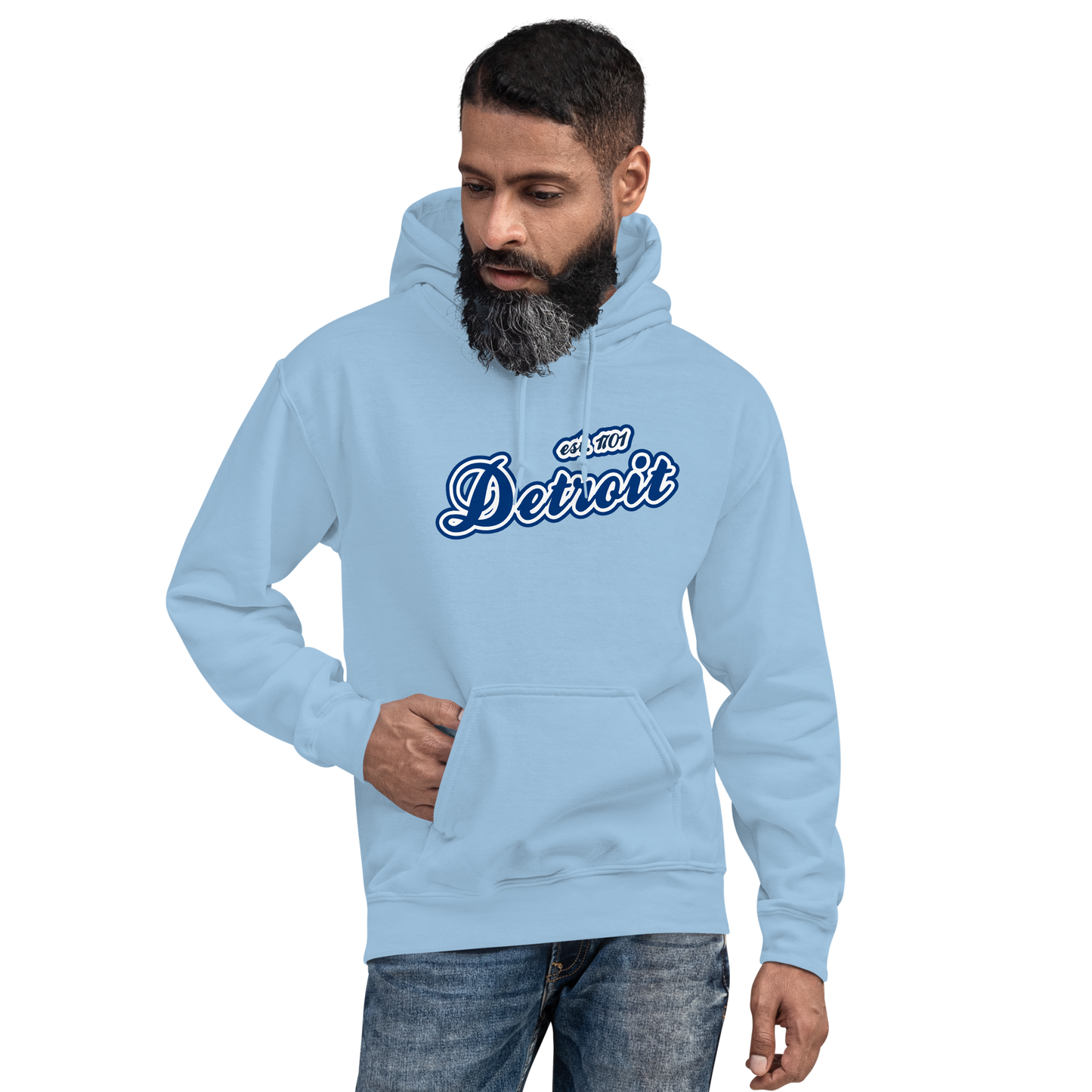 'Detroit EST. 1701' Hoodie (Dearborn Blue Script Font) | Unisex Standard