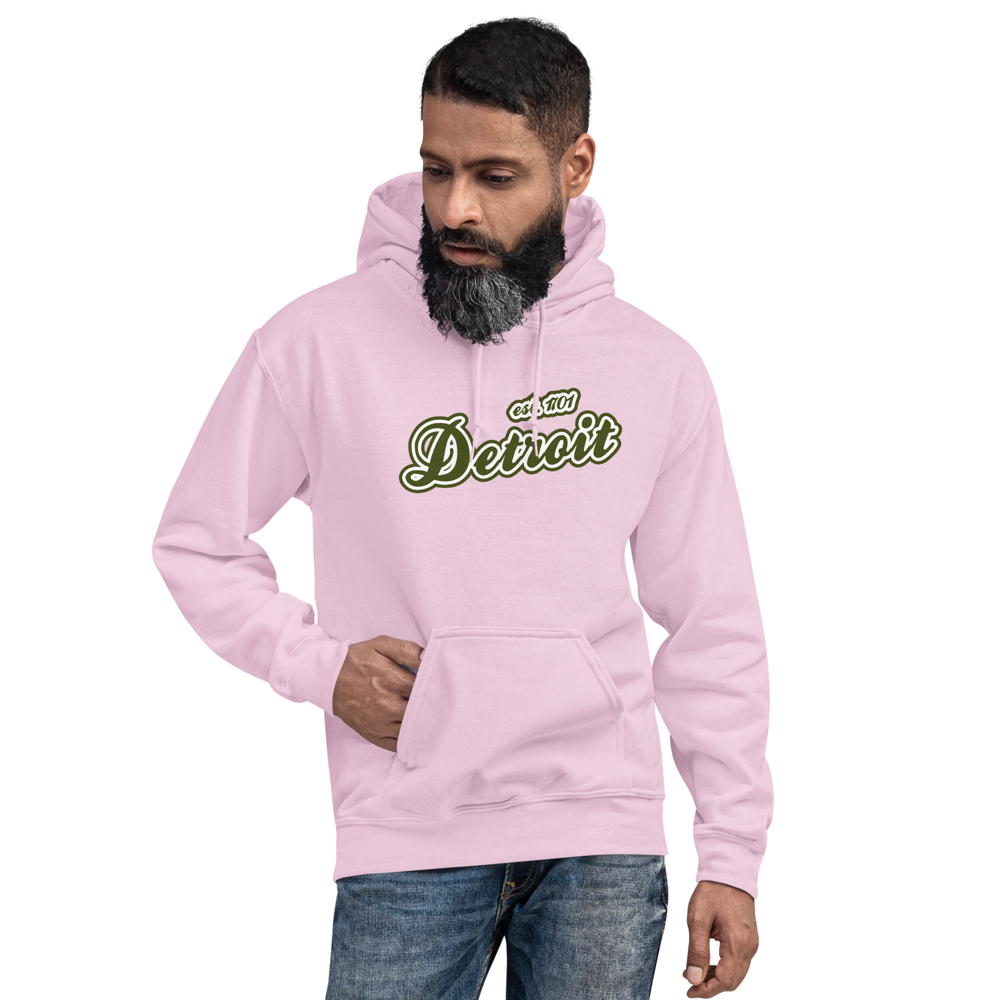 'Detroit EST. 1701' Hoodie (Army Green Script Font) | Unisex Standard