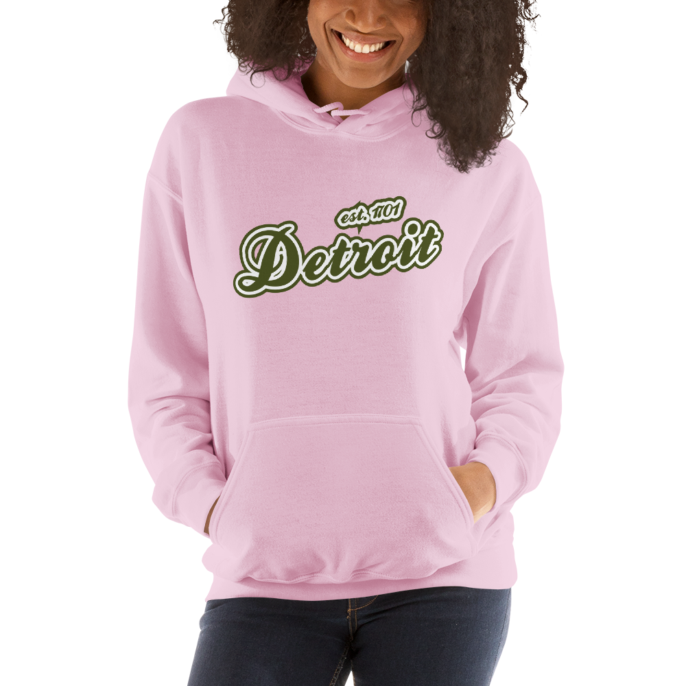 'Detroit EST. 1701' Hoodie (Army Green Script Font) | Unisex Standard