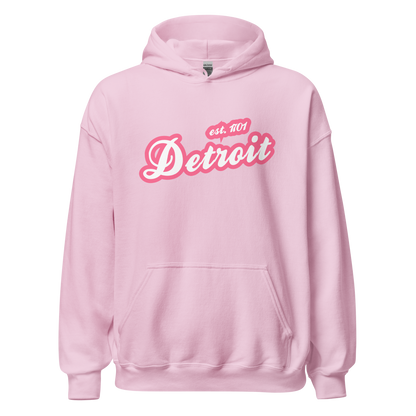 'Detroit EST. 1701' Hoodie (Rhodochrosite Pink Script Font) | Unisex Standard