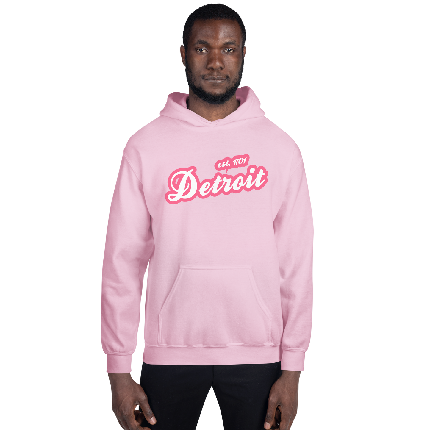 'Detroit EST. 1701' Hoodie (Rhodochrosite Pink Script Font) | Unisex Standard