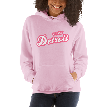 'Detroit EST. 1701' Hoodie (Rhodochrosite Pink Script Font) | Unisex Standard