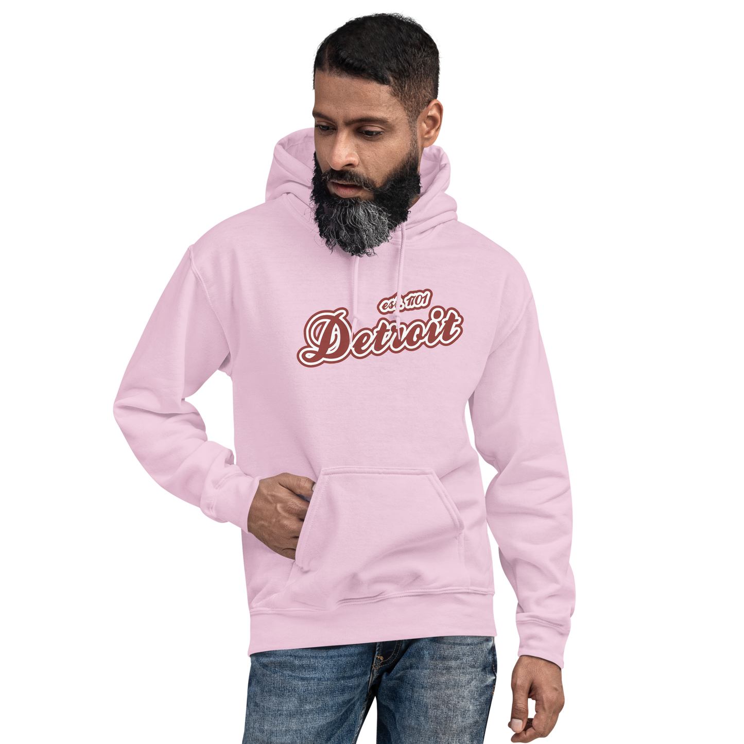 'Detroit EST. 1701' Hoodie (Ore Dock Red Script Font) | Unisex Standard