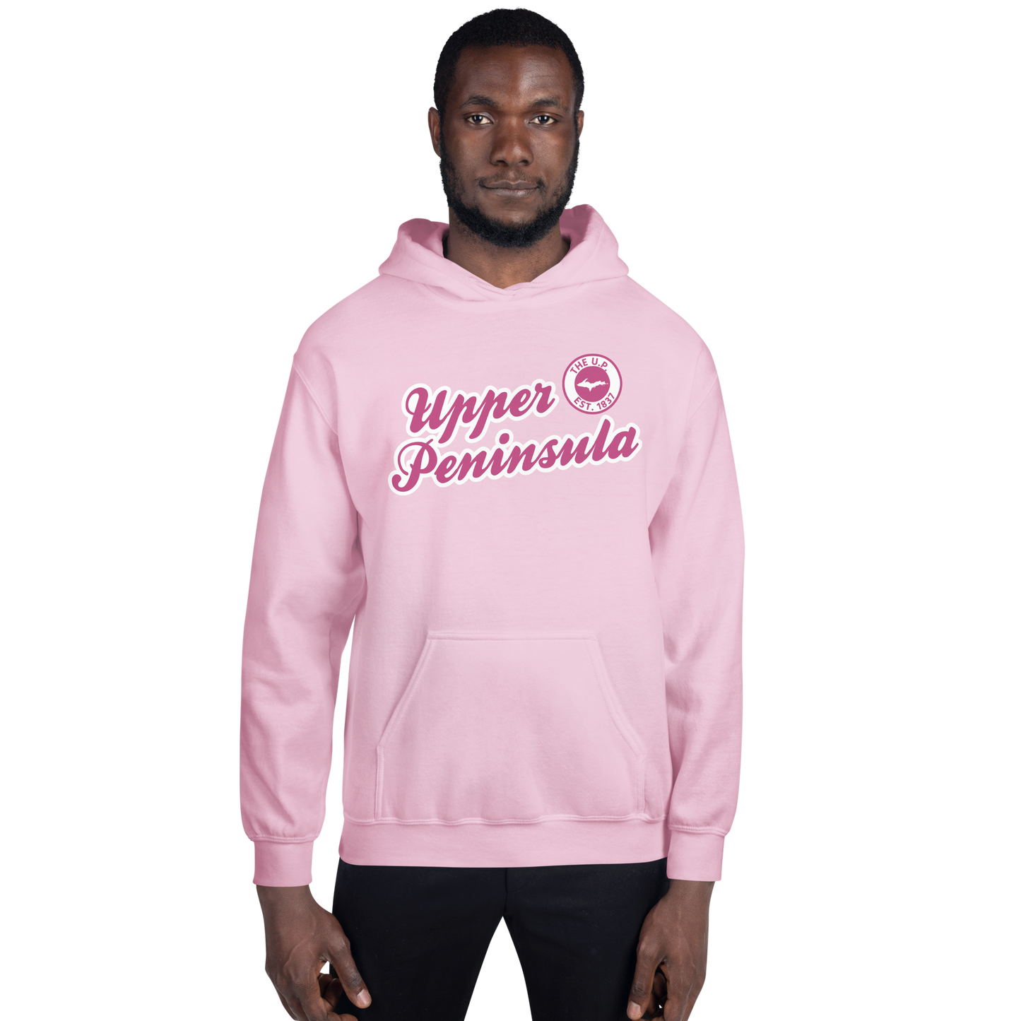 'Upper Peninsula EST. 1837' Hoodie (Apple Blossom Pink Script Font) | Unisex Standard