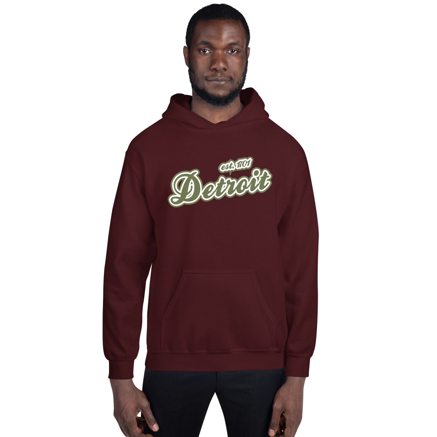 'Detroit EST. 1701' Hoodie (Army Green Script Font) | Unisex Standard