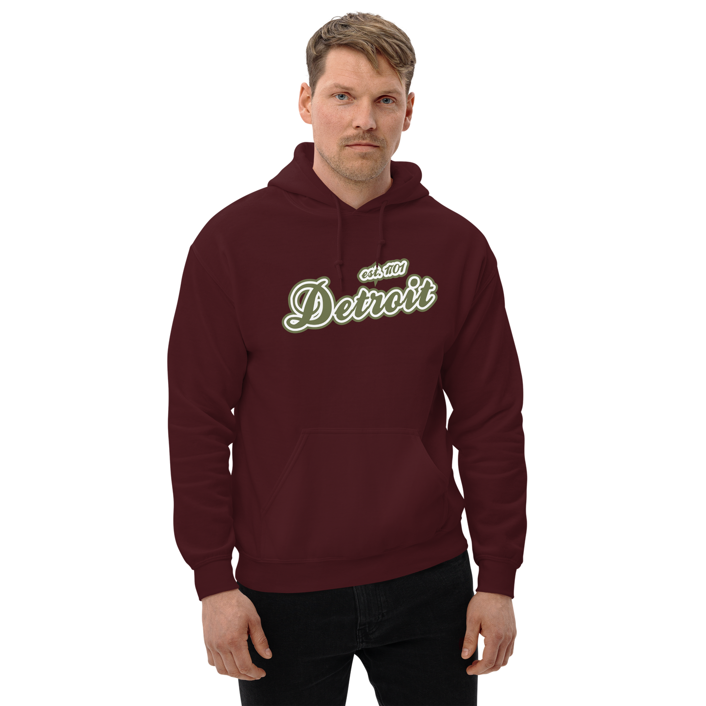 'Detroit EST. 1701' Hoodie (Army Green Script Font) | Unisex Standard