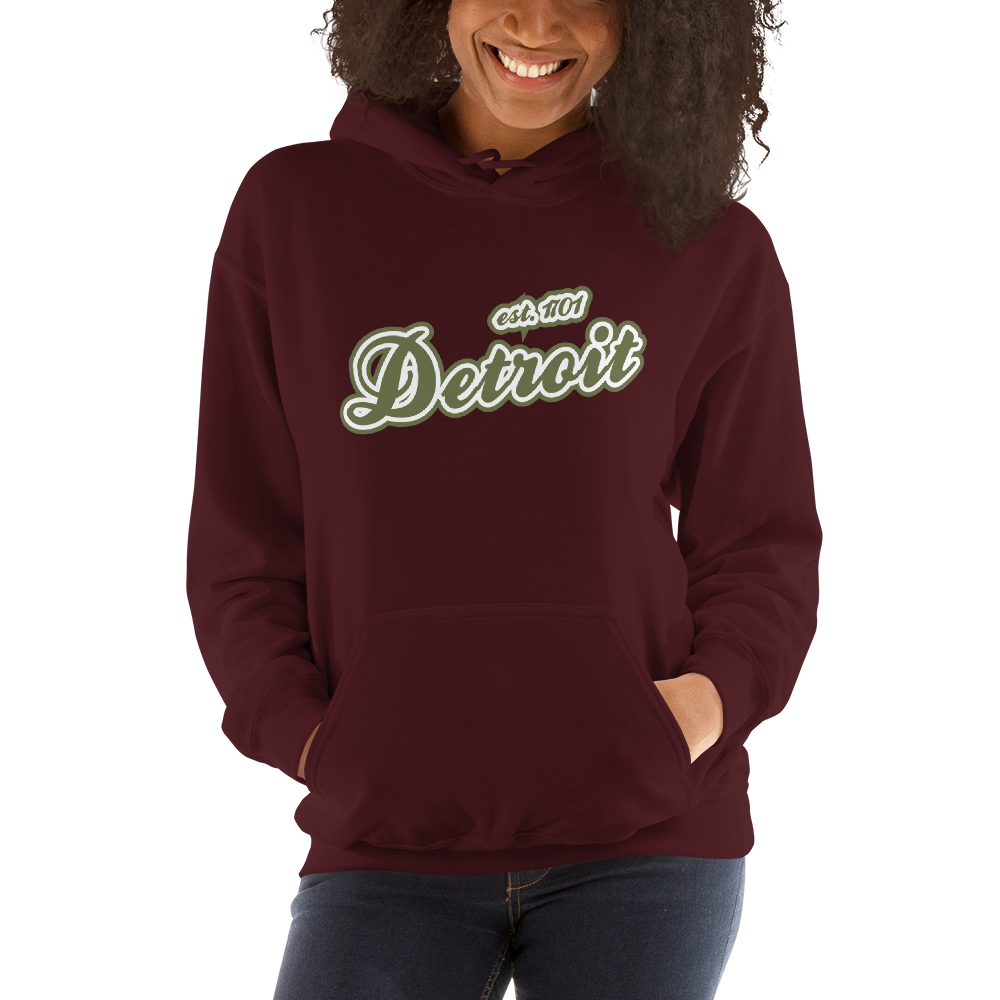 'Detroit EST. 1701' Hoodie (Army Green Script Font) | Unisex Standard