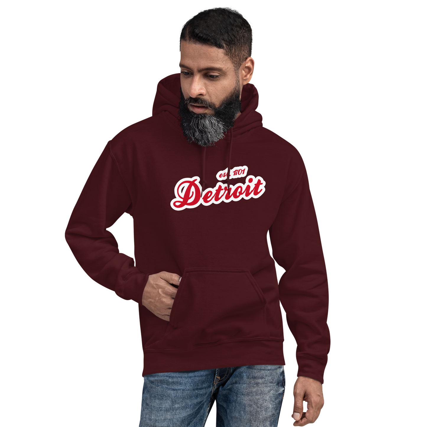 'Detroit EST. 1701' Hoodie (Aliform Red Script Font) | Unisex Standard