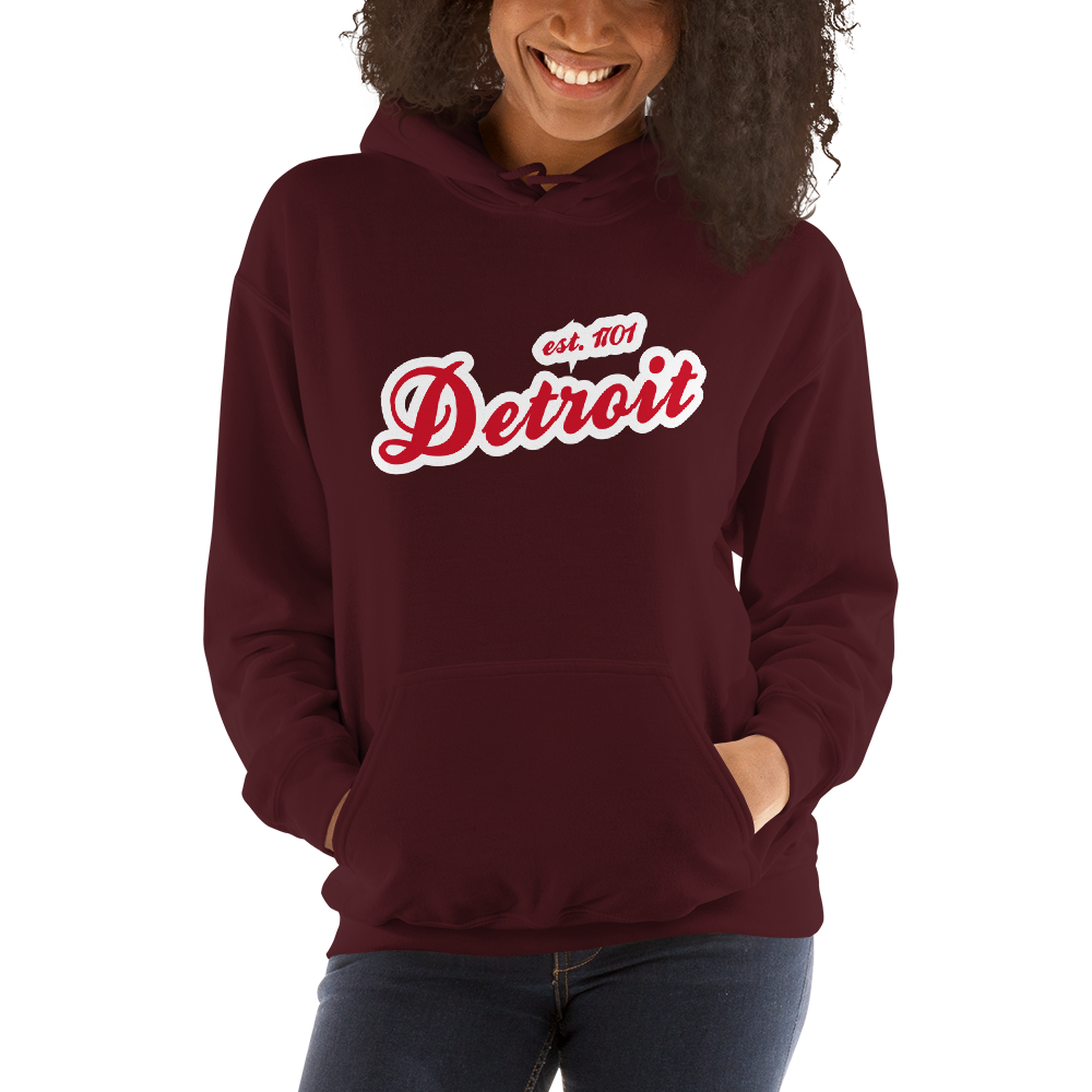 'Detroit EST. 1701' Hoodie (Aliform Red Script Font) | Unisex Standard