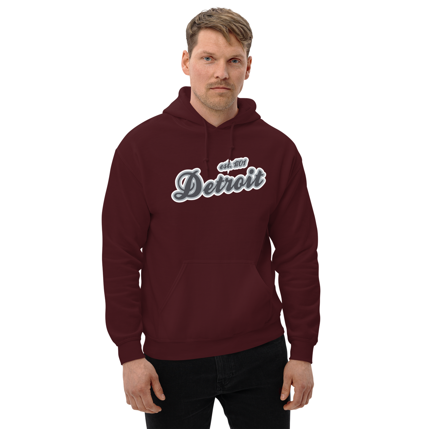 'Detroit EST. 1701' Hoodie (Iron Ore Grey Script Font) | Unisex Standard