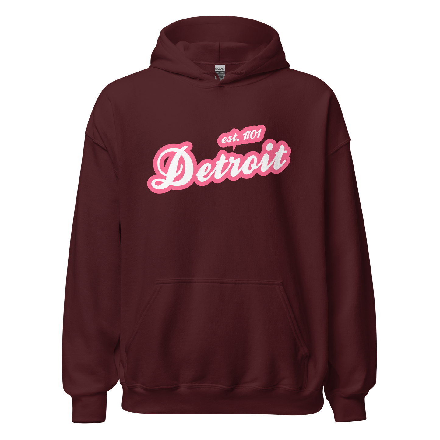 'Detroit EST. 1701' Hoodie (Rhodochrosite Pink Script Font) | Unisex Standard