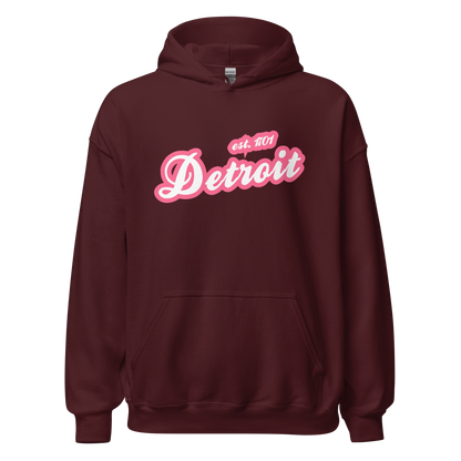 'Detroit EST. 1701' Hoodie (Rhodochrosite Pink Script Font) | Unisex Standard