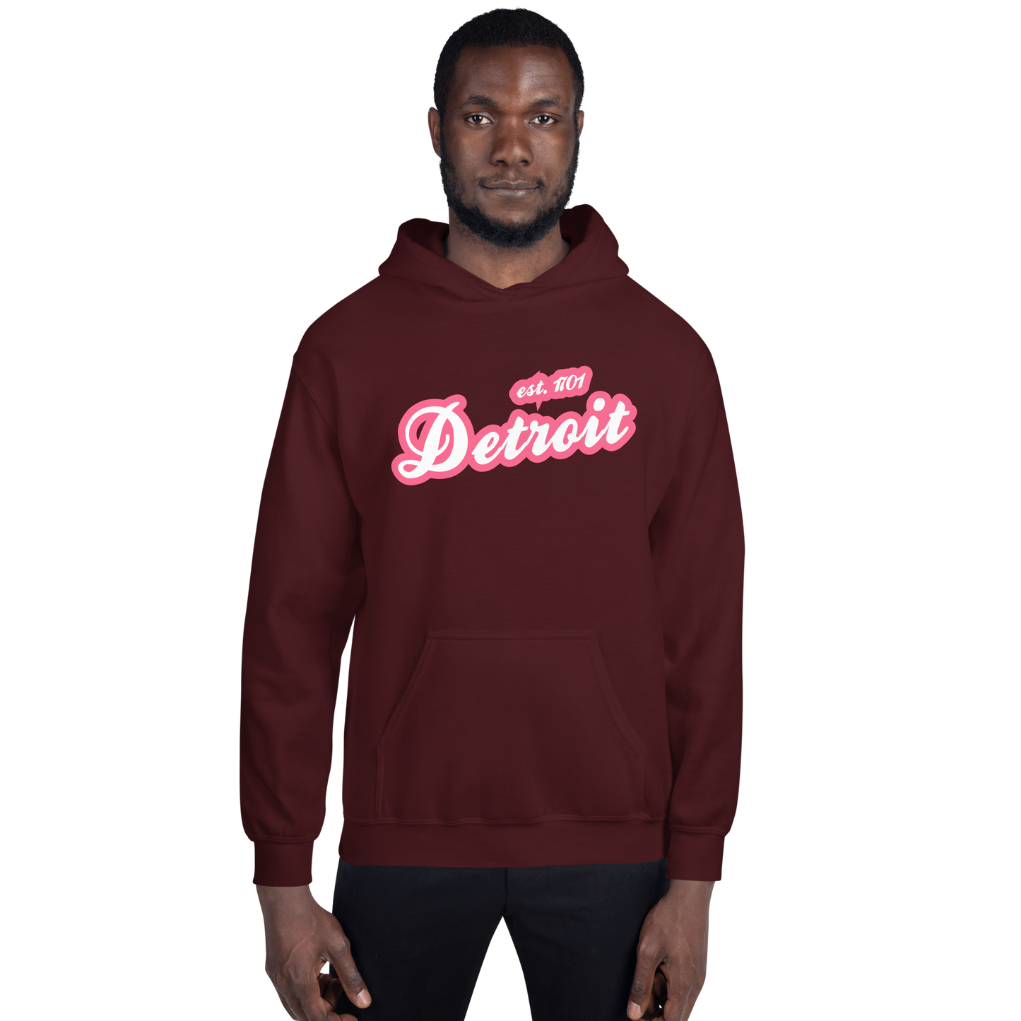 'Detroit EST. 1701' Hoodie (Rhodochrosite Pink Script Font) | Unisex Standard