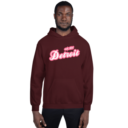 'Detroit EST. 1701' Hoodie (Rhodochrosite Pink Script Font) | Unisex Standard