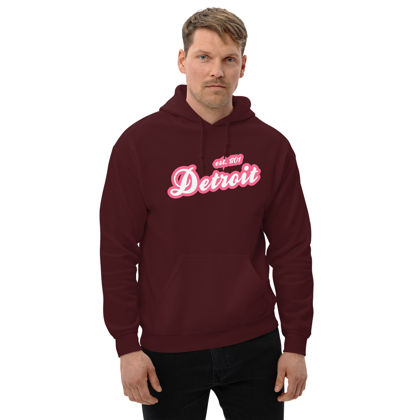 'Detroit EST. 1701' Hoodie (Rhodochrosite Pink Script Font) | Unisex Standard