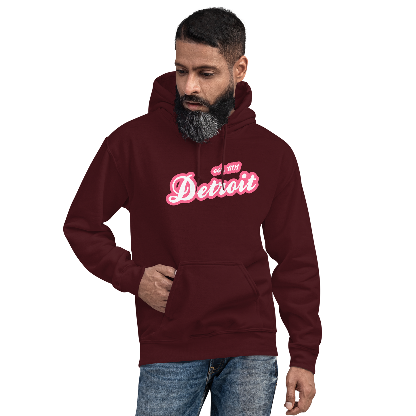 'Detroit EST. 1701' Hoodie (Rhodochrosite Pink Script Font) | Unisex Standard