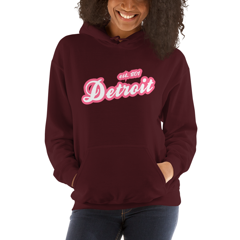 'Detroit EST. 1701' Hoodie (Rhodochrosite Pink Script Font) | Unisex Standard