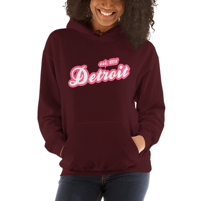 'Detroit EST. 1701' Hoodie (Rhodochrosite Pink Script Font) | Unisex Standard