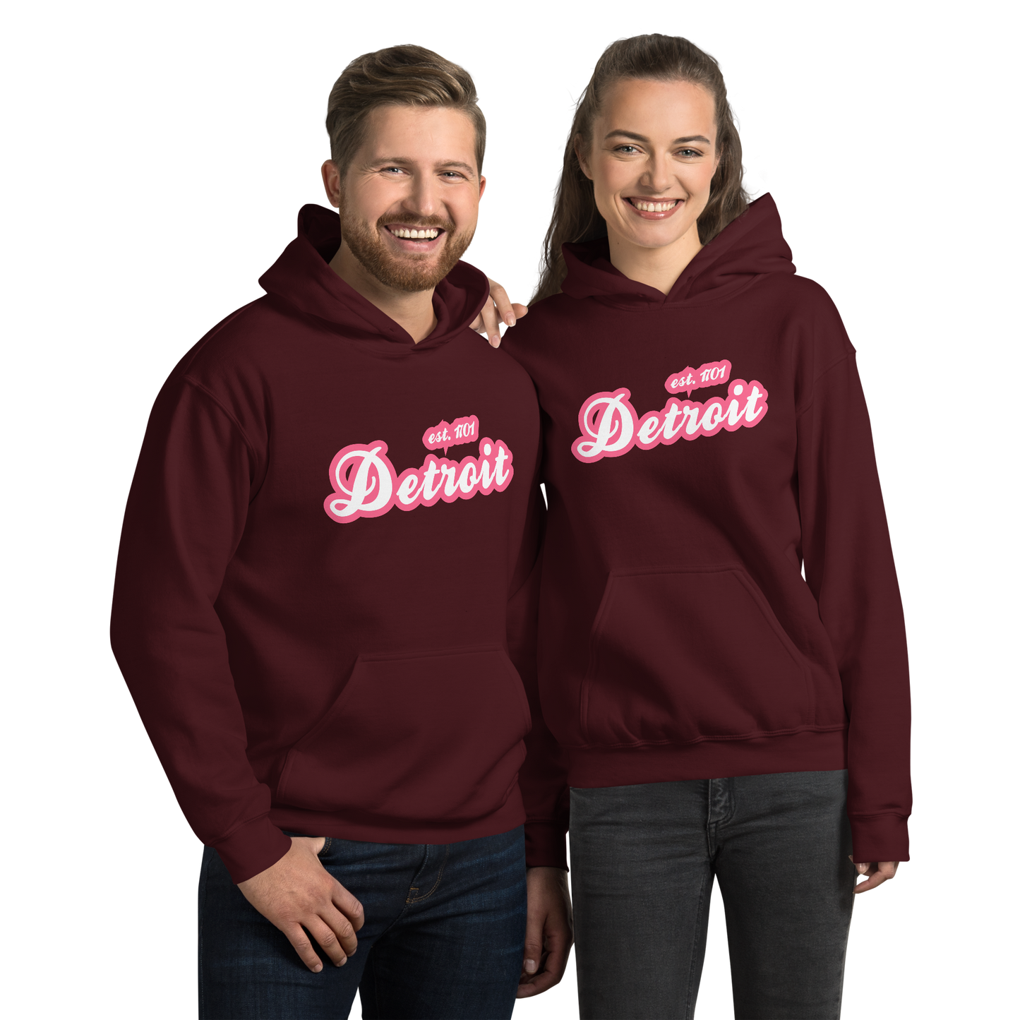 'Detroit EST. 1701' Hoodie (Rhodochrosite Pink Script Font) | Unisex Standard