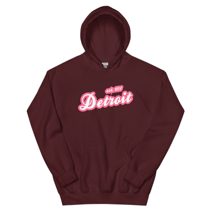 'Detroit EST. 1701' Hoodie (Rhodochrosite Pink Script Font) | Unisex Standard