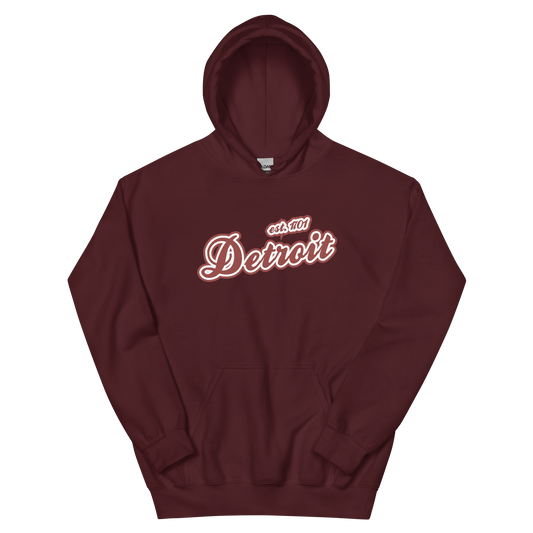 'Detroit EST. 1701' Hoodie (Ore Dock Red Script Font) | Unisex Standard