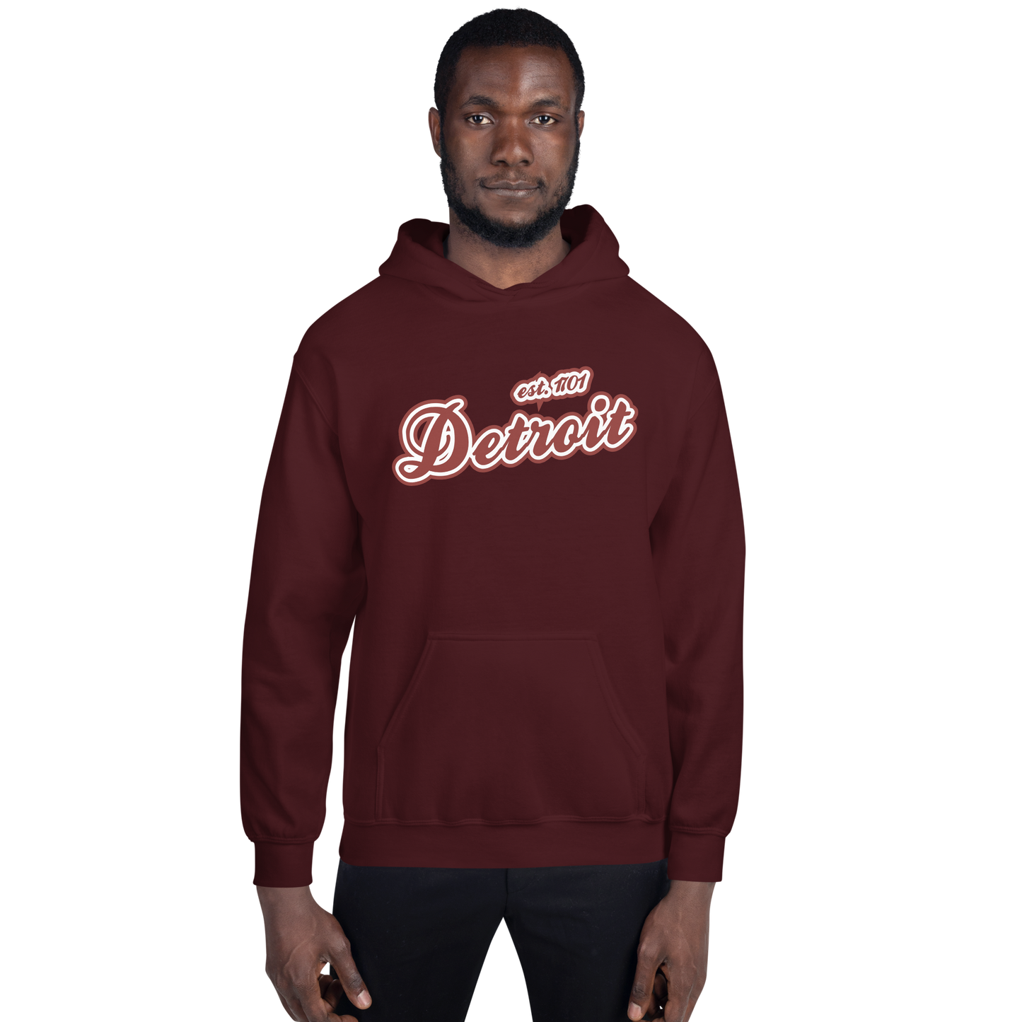 'Detroit EST. 1701' Hoodie (Ore Dock Red Script Font) | Unisex Standard