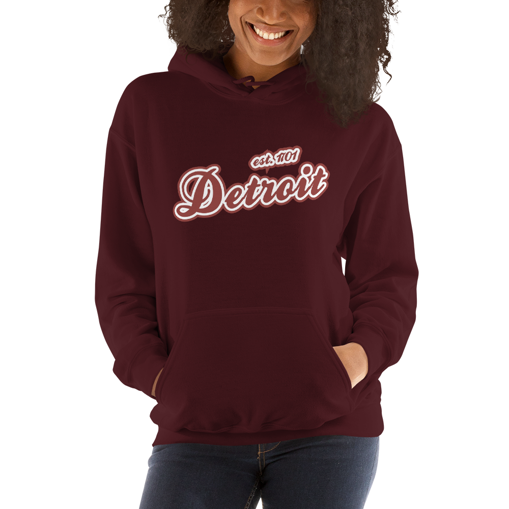 'Detroit EST. 1701' Hoodie (Ore Dock Red Script Font) | Unisex Standard