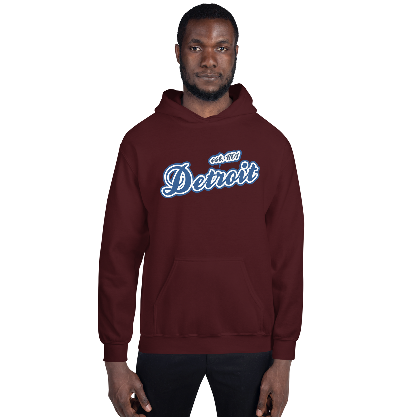 'Detroit EST. 1701' Hoodie (Dearborn Blue Script Font) | Unisex Standard