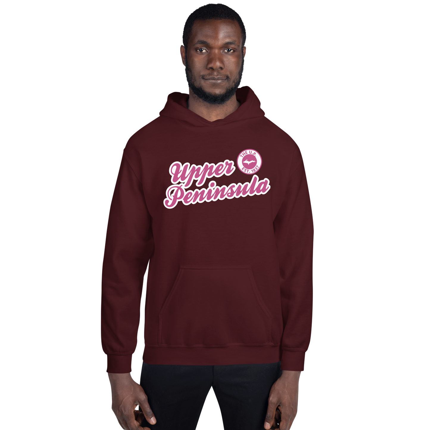 'Upper Peninsula EST. 1837' Hoodie (Apple Blossom Pink Script Font) | Unisex Standard