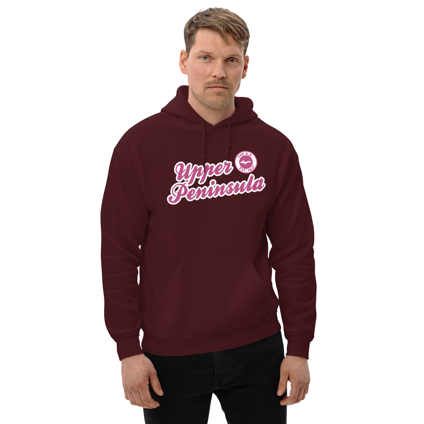 'Upper Peninsula EST. 1837' Hoodie (Apple Blossom Pink Script Font) | Unisex Standard