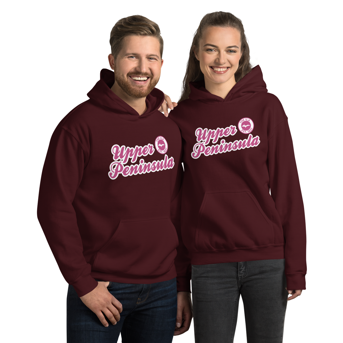 'Upper Peninsula EST. 1837' Hoodie (Apple Blossom Pink Script Font) | Unisex Standard