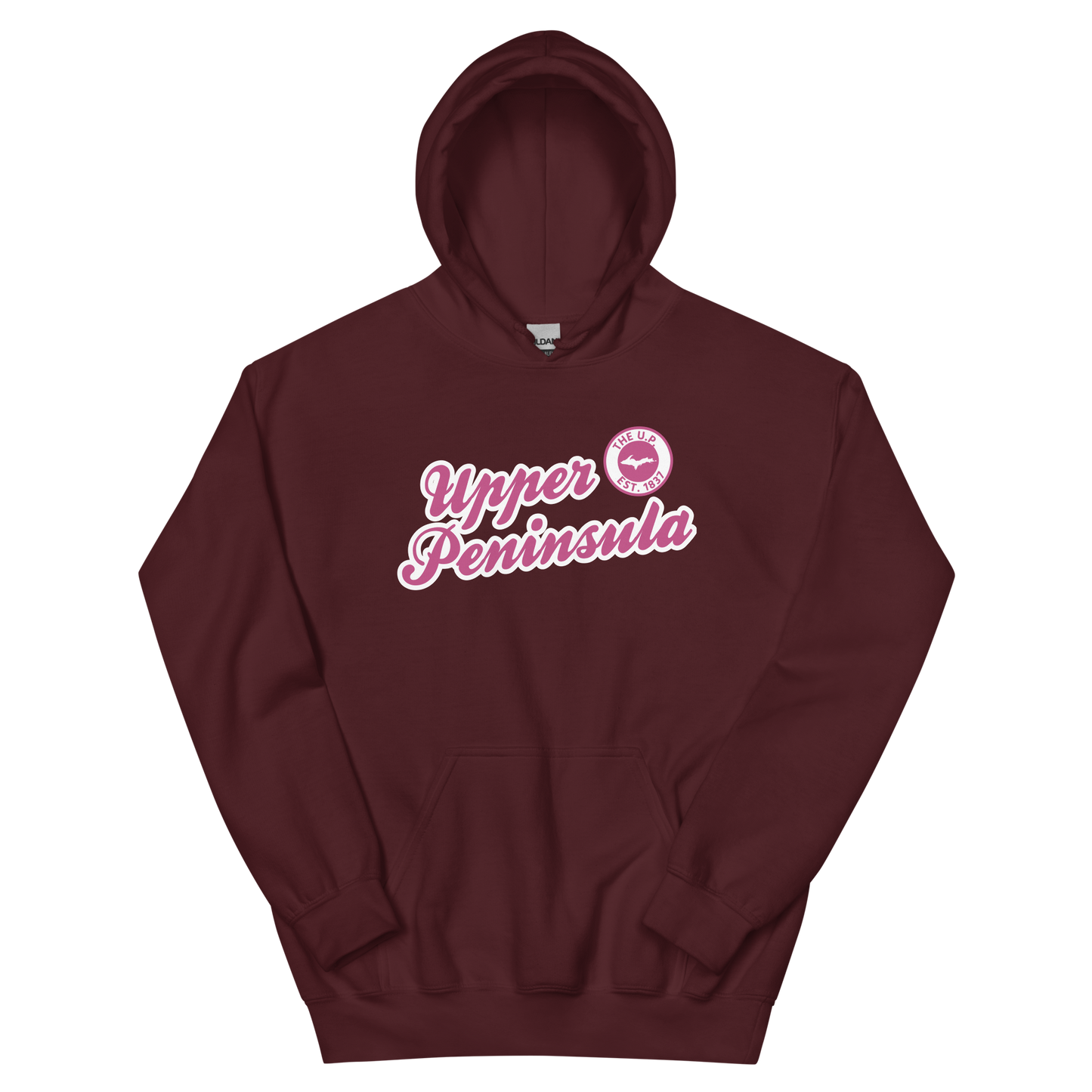 'Upper Peninsula EST. 1837' Hoodie (Apple Blossom Pink Script Font) | Unisex Standard