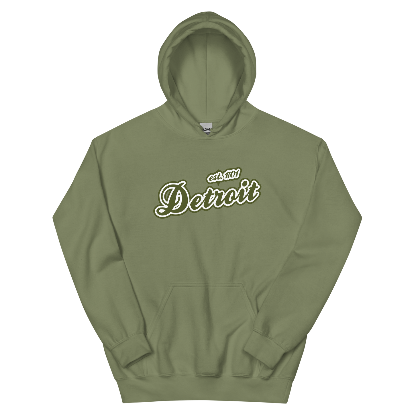 'Detroit EST. 1701' Hoodie (Army Green Script Font) | Unisex Standard