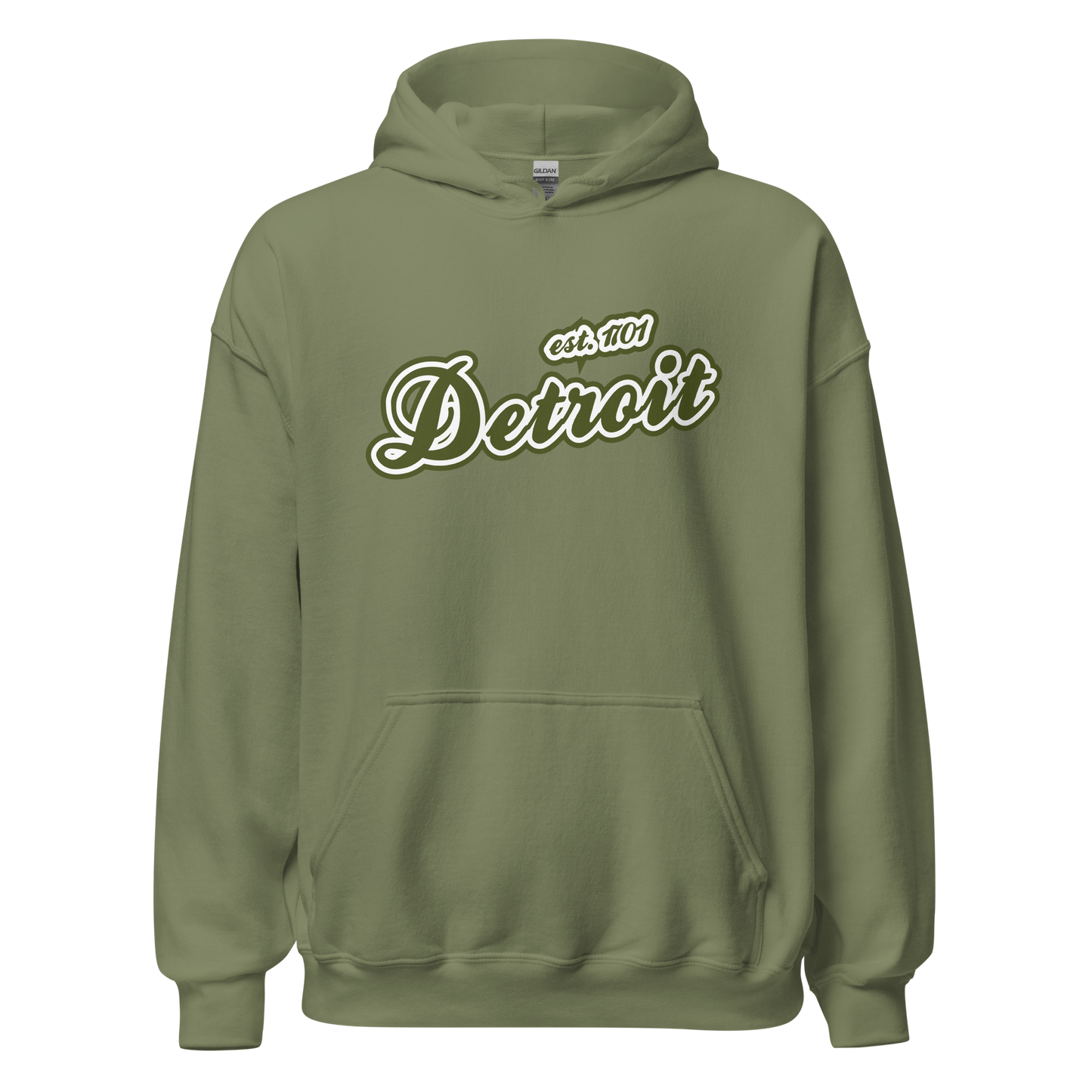 'Detroit EST. 1701' Hoodie (Army Green Script Font) | Unisex Standard