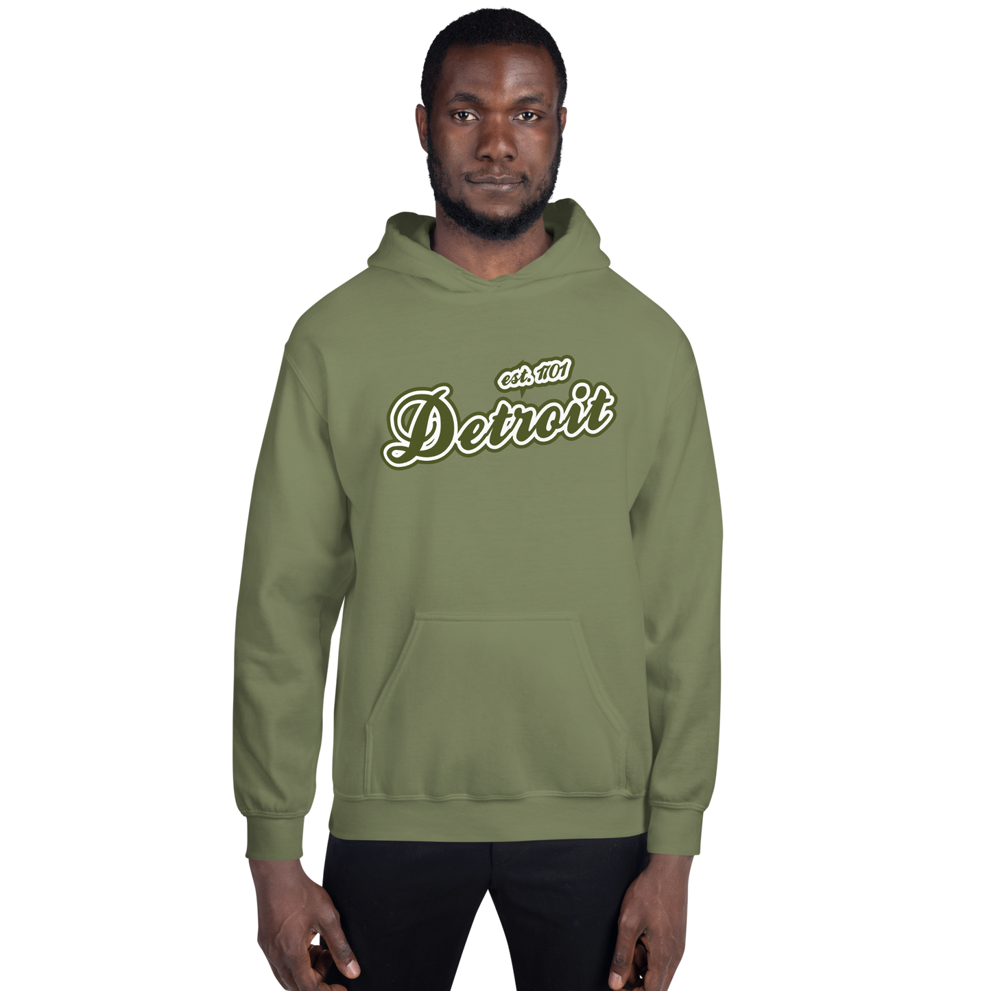 'Detroit EST. 1701' Hoodie (Army Green Script Font) | Unisex Standard