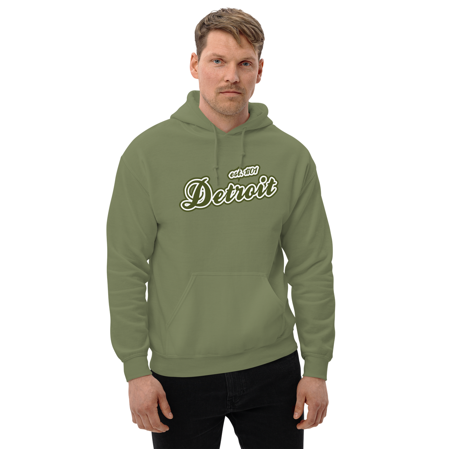 'Detroit EST. 1701' Hoodie (Army Green Script Font) | Unisex Standard