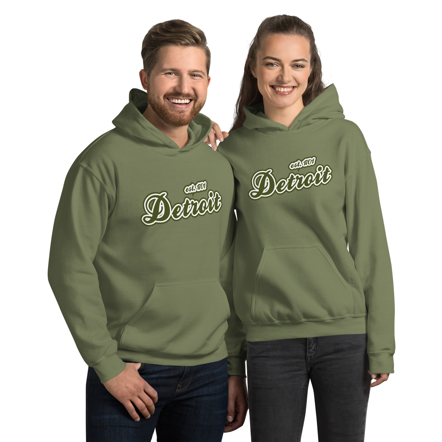 'Detroit EST. 1701' Hoodie (Army Green Script Font) | Unisex Standard