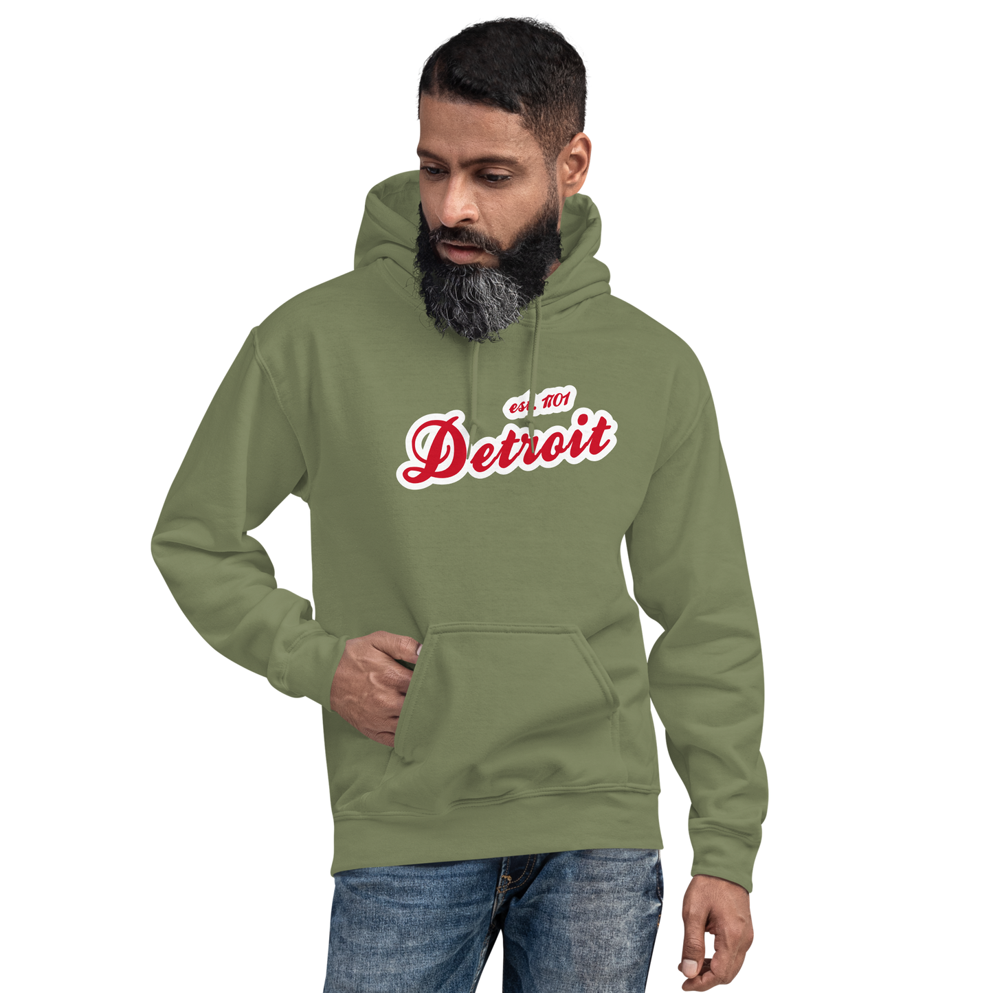 'Detroit EST. 1701' Hoodie (Aliform Red Script Font) | Unisex Standard