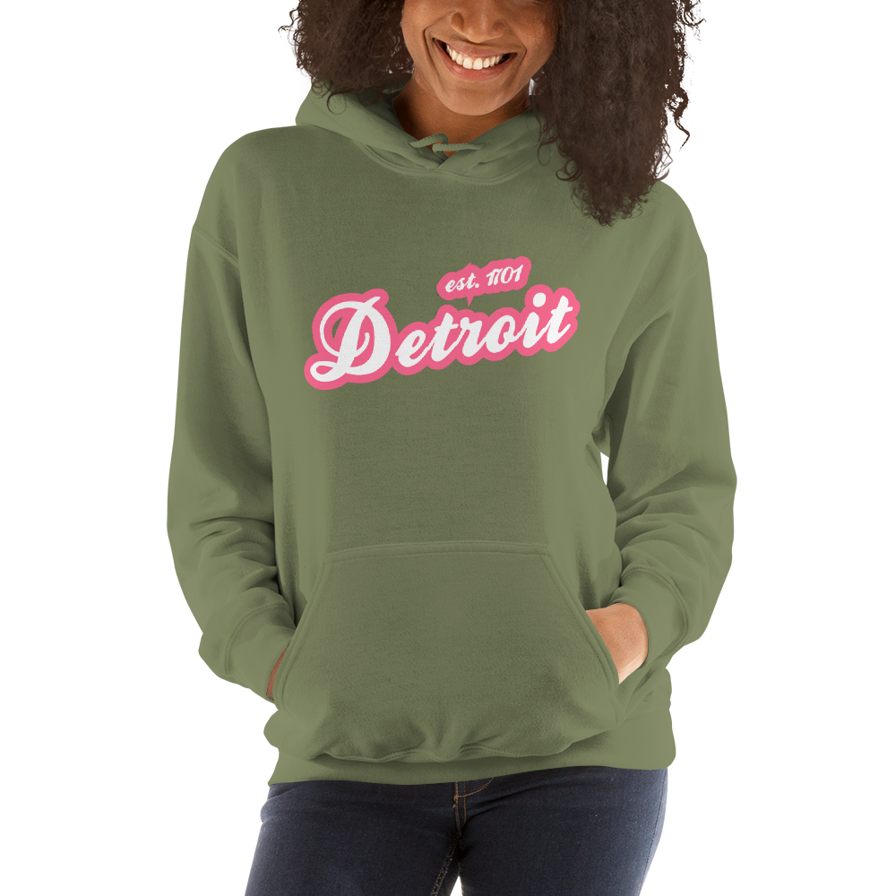 'Detroit EST. 1701' Hoodie (Rhodochrosite Pink Script Font) | Unisex Standard