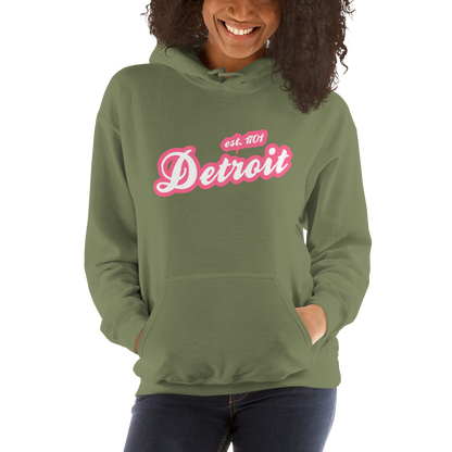 'Detroit EST. 1701' Hoodie (Rhodochrosite Pink Script Font) | Unisex Standard