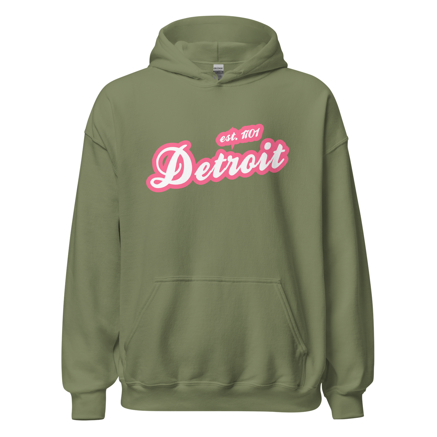 'Detroit EST. 1701' Hoodie (Rhodochrosite Pink Script Font) | Unisex Standard