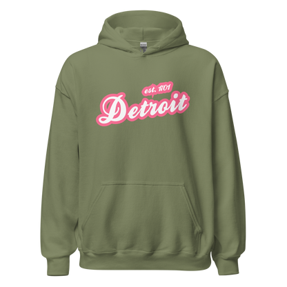 'Detroit EST. 1701' Hoodie (Rhodochrosite Pink Script Font) | Unisex Standard