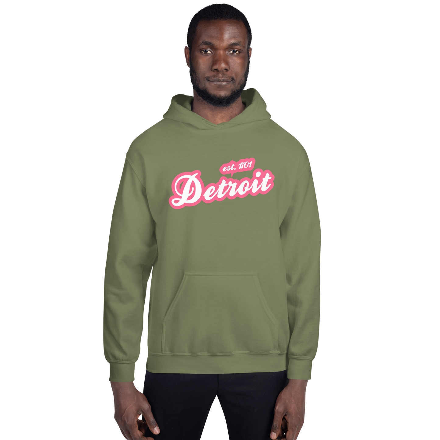 'Detroit EST. 1701' Hoodie (Rhodochrosite Pink Script Font) | Unisex Standard