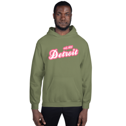 'Detroit EST. 1701' Hoodie (Rhodochrosite Pink Script Font) | Unisex Standard