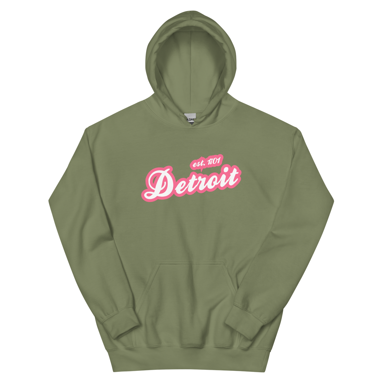 'Detroit EST. 1701' Hoodie (Rhodochrosite Pink Script Font) | Unisex Standard