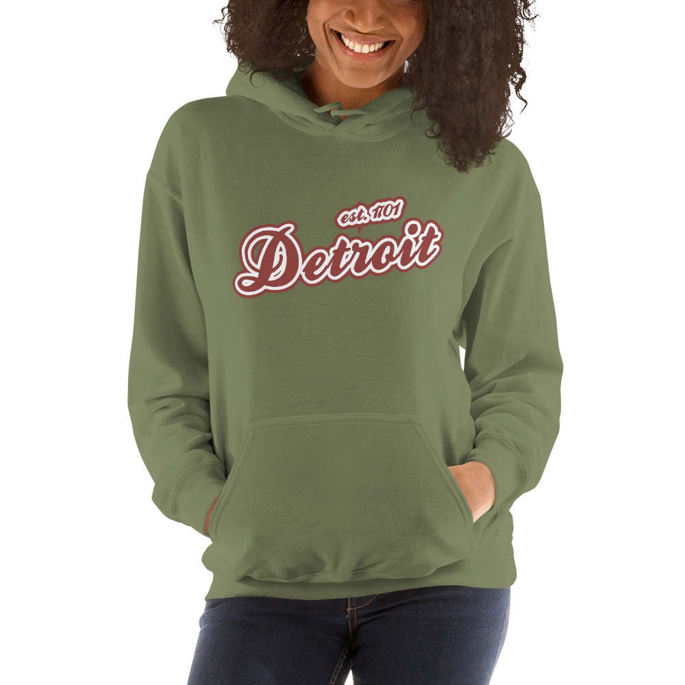 'Detroit EST. 1701' Hoodie (Ore Dock Red Script Font) | Unisex Standard