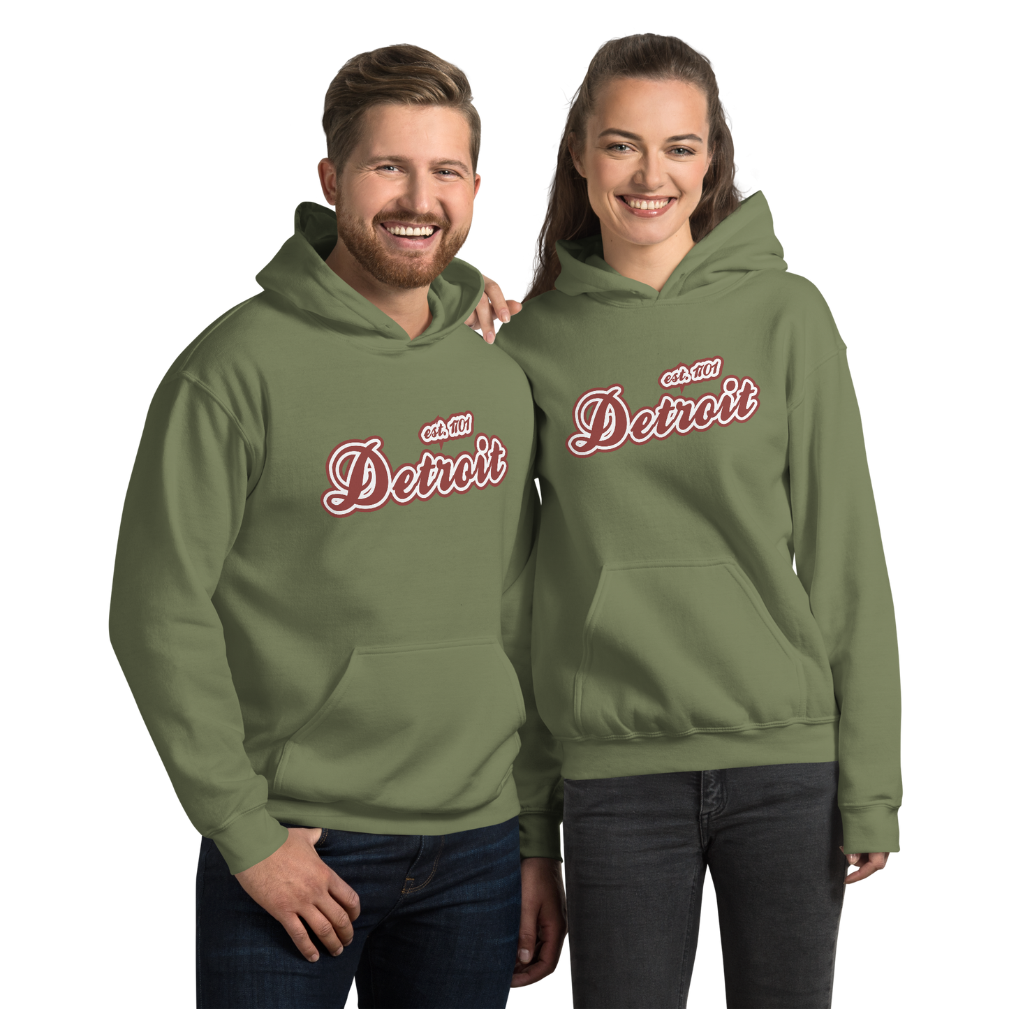 'Detroit EST. 1701' Hoodie (Ore Dock Red Script Font) | Unisex Standard