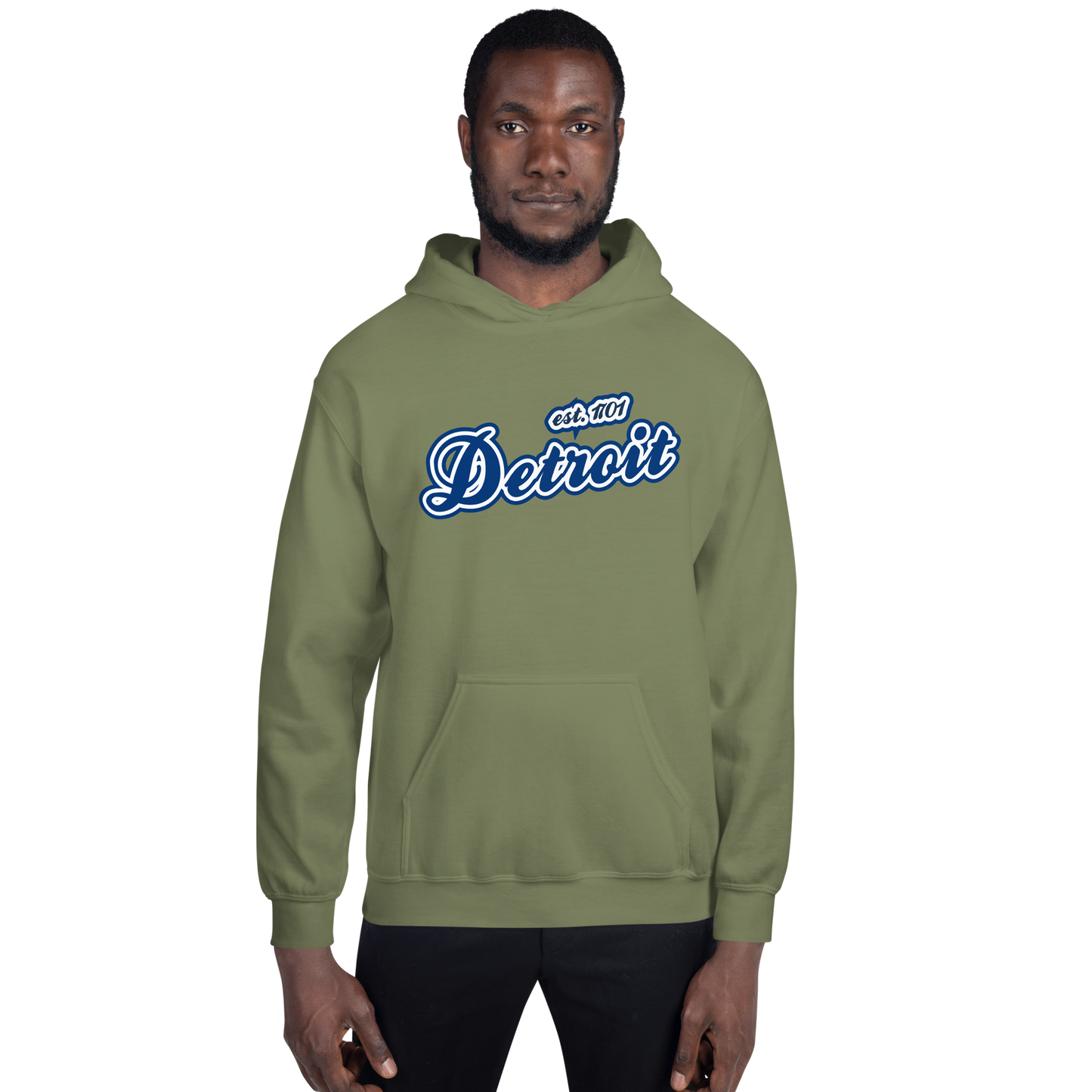 'Detroit EST. 1701' Hoodie (Dearborn Blue Script Font) | Unisex Standard