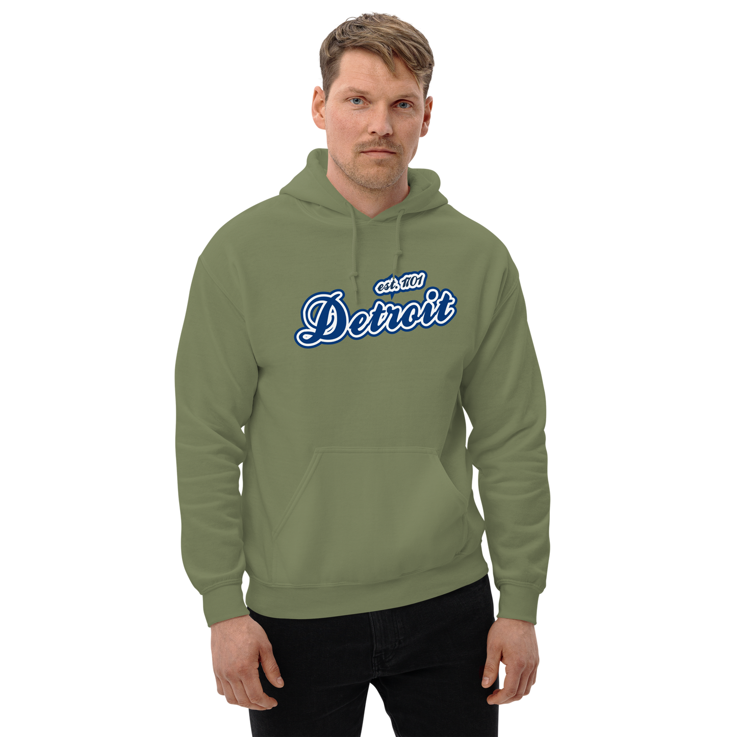 'Detroit EST. 1701' Hoodie (Dearborn Blue Script Font) | Unisex Standard