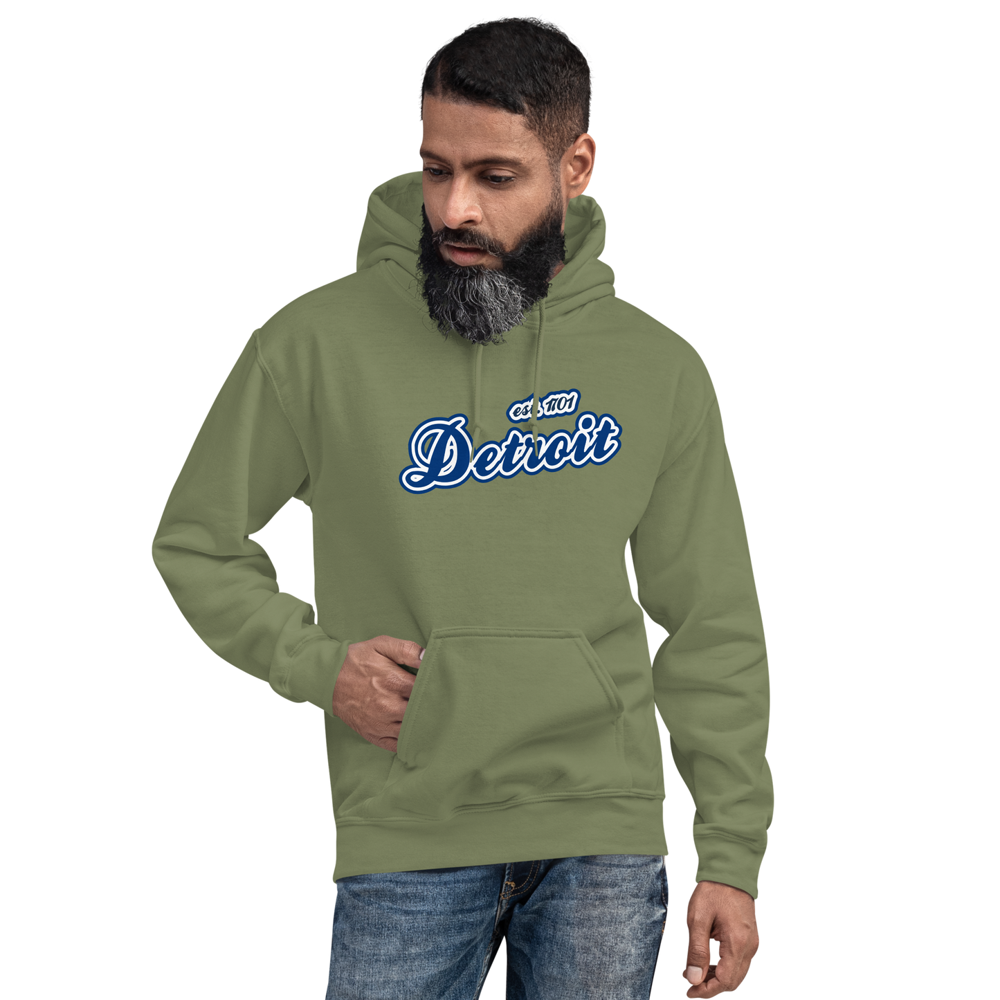 'Detroit EST. 1701' Hoodie (Dearborn Blue Script Font) | Unisex Standard